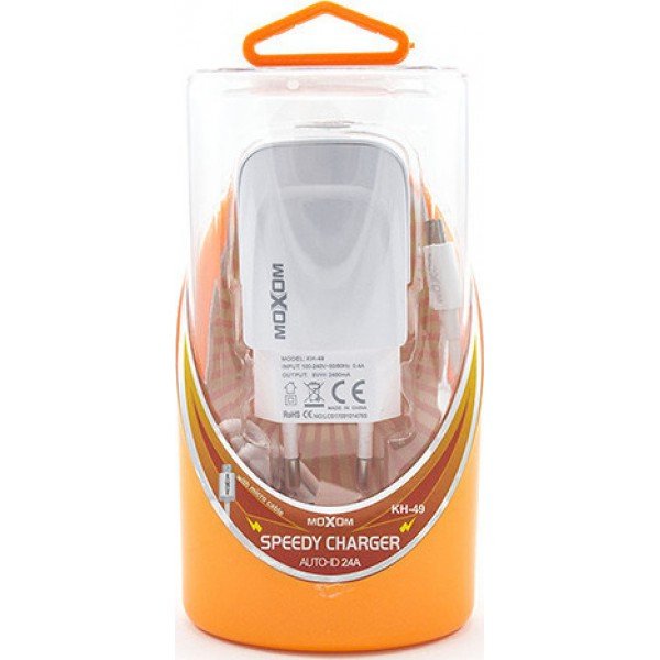 Moxom Φορτιστής με Θύρα USB-A και Καλώδιο micro USB Λευκός (KH-49)